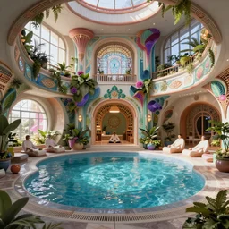 detailed artstation style, futuristic utopian fantasy, futuristic-natural-beauty,  Sol Retreat, interior, health spa and meditation center, indoor pool, sunlight through windows, vibrant, Greek-Japanese architecture, futuristic-utopian architecture