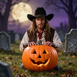 cowboy jack o lantern in a cemetary
