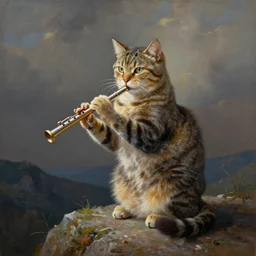 a painting of a cat sitting on the mountaintop and playing the flute
