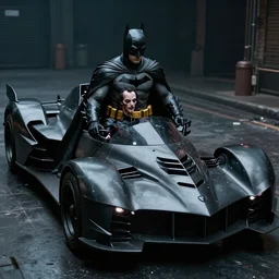 The Batman Who Laughs and His Psycho Batmobile, hyperrealistic, octane render, HDR, Yaushi Nirasawa Style
