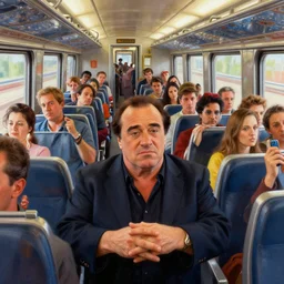 many danny devito riding a commuter train,, rich vivid colors, sharp, smooth, highly detailed,, digital painting