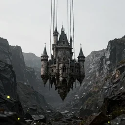 castle floating hanging chains single in the middle high mountains inside jewelry mine only darkness background, fireflies, clean sky, hight contrast, void, 8 k resolution, unreal engine 5, hyper - detailed, perspective view, 2 4 mm lens, by simon bisley, beeple, justin gerard