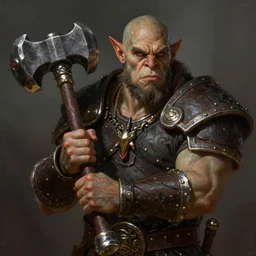 Portrait of an orc holding a large warhammer, male, detailed face, fantasy, highly detailed, cinematic lighting, digital art painting by greg rutkowski