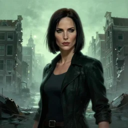 battle hardened, overpowering, pragmatic, charismatic female character from the matrix, face centered portrait, confident, ruined amsterdam cityscape, dilapidated, architecture, fog, volumetric lighting, illustration, perfectly shaded, greenish tinge, cold lights soft painting, art by krenz cushart and wenjun lin