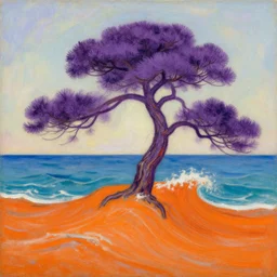 a romantic painting of a purple pine tree growing on a bright orange wave in the sea, in the style of delacroix