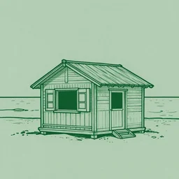 a line drawing illustration of a cabin in the beach. dark green lines and muted green paper. graphic design. vector style. hq. detailed. muted colors.