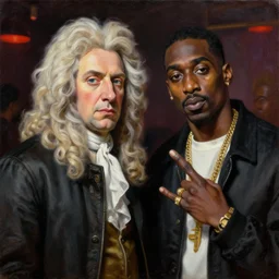 a classical portrait of sir isaac newton and tupac shakur, chillin at the club together, photorealistic oil on canvas, brilliant detail