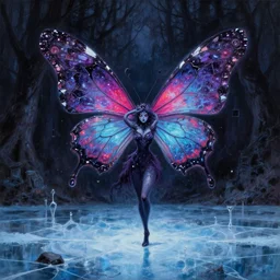 a butterfly made of shattered hopes, grimdark fantasy painting of a cosmic butterfly on a shadowed forest background. a fursona of a butterfly goddess dancing on a frozen lake in the darkness void realm. a painting in neon inks by terese nielsen and ron spencer