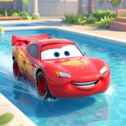 lightning mcqueen in a swiming pool