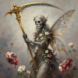 breathtaking detailed soft painting of a fairy grim reaper with golden scythe, flowers and bleeding meat floating around, volumetric lighting, concept art, matte, sharp focus, art by celestialfang, matchach, juanmao, trending on artstation