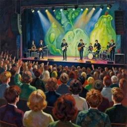 a painting of a huge group of people watching a concert by vegatables playing music of the Beatles in the style of artist James Jean
