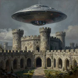 ufo alien spacecraft hovering over a stone brick castle, matte oil painting, medieval, fantasy landscape, ominous, creepy, courtyards, archs, detailed, sharp, crisp, 4 k image