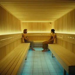 60s movie still of an empty sauna corridor fade yellow light and light blue tiles floor in the backrooms, random people , cinestill 800t 50mm eastmancolor, liminal Space style, heavy grain