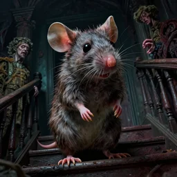 cinematic colorful horror artwork by artgerm, beksinski, mark brooks, stephen king ; real life full portrait of ugly furry mouse standing at the top of staircase ; macro level close up shot low angle tilt up from bottom ; dark ominous scary, 8 k hdr, creepy intricate ; volumetric dramatic lighting, insanely detailed, haunting