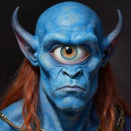 one-eyed single-eyed blue-skinned Polyphemus Cyclops concept art with one huge eye. Extremely high detail, details, realistic, fantasy art, solo, masterpiece, full-face portrait, saturated colors, art by Arthur Rackham, Muzinabu, Johann Tischbein