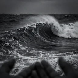 dark ocean, towering waves, grey - scale, highly turbulent, deep focus, dark sky, high point of view, hidden hands and faces, wagyu texture