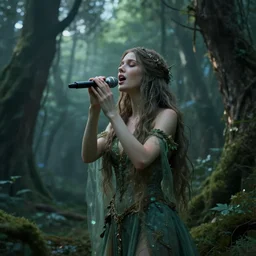 a mysterious forest nymph singing the world into existence, DMT imagery.  Octane render, PBR, path tracing, subsurface scattering.  By Syd Mead and Tyler Edlin and Paul Lehr and Albert Bierstadt.