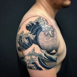 a man with a tatoo of the great wave of kanagawa on his shoulder, a tattoo by richard mortensen, reddit contest winner, primitivism, tattoo, detailed, intricate