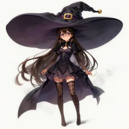 young witch, brunette, checked stockings, short dress, huge hat, full bodyshot, anime, fantasy, portrait, highly detailed, headshot, digital painting, trending on artstation, concept art by miaormoa