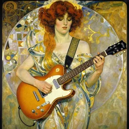 Anna_Calvi playing electric guitar by Alfons Mucha, masterpiece