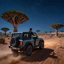 mahindra thar riding through moonlit socotra island with dragon trees, starry night, chasing action scene, epic fantasy, sharp focus, trending on ArtStation, masterpiece, by Greg Rutkowski, by Ross Tran, by Fenghua Zhong, corona render, soft render, ultrarealistic, colorful, cinematic, shadow of the tomb rider