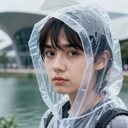 Cinestill 800t, 8K, highly detailed, seinen manga 3/4 closeup portrait, eye contact, focus on clear transparent see through raincoat model, tilt shift zaha hadid style anime background: famous blade runner anime remake, pond scene