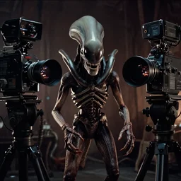 a wide angle movie still from alien ( 1 9 7 9 ) by ridley scott showing a xenomorph looking at camera | sci - fi and supernatural horror | uneasy and uncanny atmosphere | shot on celluloid with panavision cameras | panavision lenses | 3 5 mm film negative width | anamorphic projection format | critically acclaimed | oscar winning practical effects