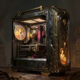 steampunk gaming pc powerful, dramatic lighting, intricate, wild, highly detailed, digital painting, cinematic, artstation, concept art, sharp edges and focus, illustration, art by artgerm and greg rutkowski and alphonse mucha