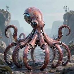 portrait of a a mechanical octopus in a scenic environment by philipe druillet, cyberpunk, mechanical parts, electric sparks, trending on artstation