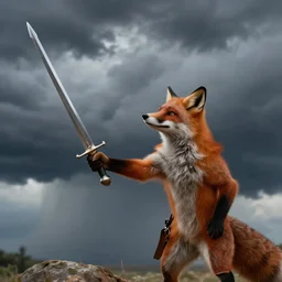 anthropomorphic fox who is a medieval knight holding a sword towards a stormy thundercloud, 1 9 3 0 s film still