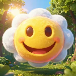 fantastical vibrant smiley face emoji shaped cloud with holes for eyes and mouth, in a nature scene by marc adamus, high definition, sun breaking behind the emoji, 😃😀😄☺🙃😉😗, cheerful, rave art