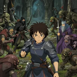 a film still of an dnd, warrior, rogue, mage, cleric fight goblins and orcs, fantasy dungeon, finely detailed features, closeup at the faces, perfect art, at an ancient city, gapmoe yandere grimdark, trending on pixiv fanbox, painted by greg rutkowski makoto shinkai takashi takeuchi studio ghibli, akihiko yoshida