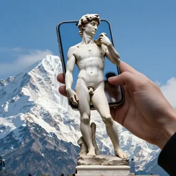 the statue david from michelangelo with smartphone, standing on top of the himalaya