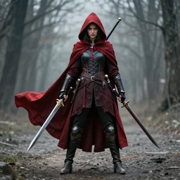 full body photo of riding riding hood assassin warrior with weapons
