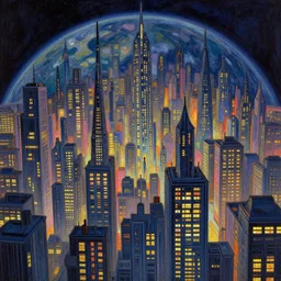 cloisonnism view of epic intricate city with neon - lit windows on a planet in no mans sky, masterpiece, asymmetrical, rule of thirds, beautiful composition, bekskinski, syd mead, moebius