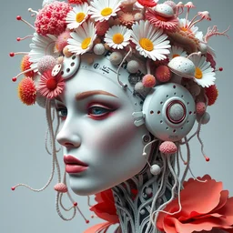 intricate 3 d render, hyper detailed, ultrasharp, beautiful biomechanical cyberpunk woman portrait with a porcelain profile face, futuristic haute couture, iris van herpin, headdress made of sponge corals, daisies, colorful mushrooms, jellyfish, puffballs, white red rhizomorphs, cyberpunk metallic brackets, laser cut paper tendrils, octane highly render, 8 k, ultra hd