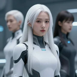 family android women, scifi, futuristic design, bae suzy, long white hair, character design, cinematic lighting, highly detailed, by beeple, goro fujita, smooth gradient.