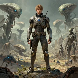 single attractive male on an alien world, colonisation, artstyle greg rutkowski and hiraku tanaka and craig mullins, model pose, full frame, very intricate details, high resolution, 8 k, award winning