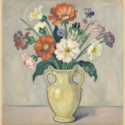 matchbox vintage illustration of a vase with handles, filled with flowers, muted colors, egon schiele