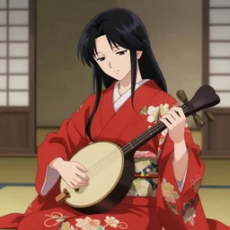 portrait of a long haired woman wearing a red kimono playing a biwa in traditional japanese house, feudal japan, delicate, detailed long black hair, detailed flower pattern kimono, elegant, anime key visual, fukaya yuichiro