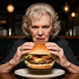 an angry old lady with a huge burger. dimly lit bar background. editorial photography