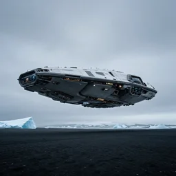 low angle cinematic shot of giant futuristic military spacecraft in the middle of an endless black sand beach in iceland with icebergs in the distance,, 2 8 mm
