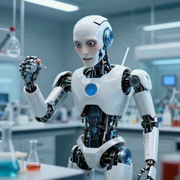 sci - fi, human - robot concept in laboratory of crazy scientific, high definition, biorobot