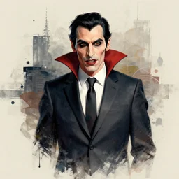 a vampire in a business suit, character portrait, concept art, mixed media art by john van fleet