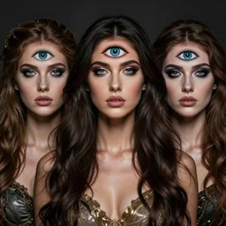 three eyed goddesses, third eyes middle of foreheads, very wide wide shot, very hairy bodies, beautiful colors, eyes in forehead, beautiful lighting, detailed photographs, very detailed
