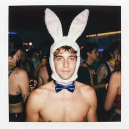 grainy head to shoulder portrait polaroid film photograph of a man wearing a bunny costume in a rave party. looking at the camera!!. super resolution. extremely detailed. polaroid 6 0 0 film. by annie leibovitz and richard avedon
