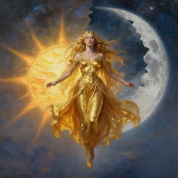 a powerful golden witch floats on a horizon divided by her, the background is torn between the sun and the moon, in the background you can see the milky way. by Daniel F. Gerhartz, hyperrealistic oil painting, 4k, studio lightning, very detailed face