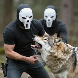 a wolf attacking a man wearing punisher mask