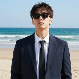 j - hope rap monster, photo, on the beach, wearing a suit, sunglasses, close