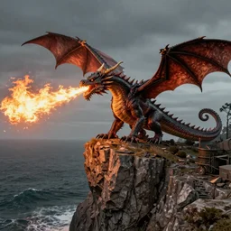 a dragon breathing fire on top of a cliff, by the sea, 4 k resolution, octane render, ultradetailed, photorealistic, ultrarealism